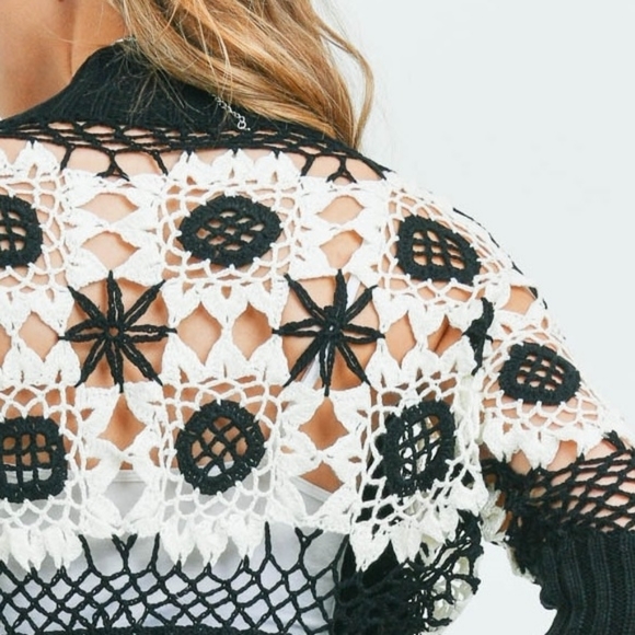 Chic Embroidered Wildflower Crop Cotton Cardigan Sweater Sleeve in Black - Picture 10 of 13